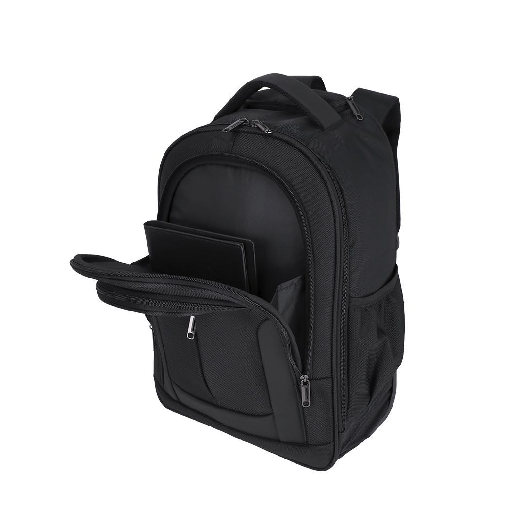 Business Trolley Rucksack Mirel bedrucken – Detailansicht offene Vordertasche in Schwarz