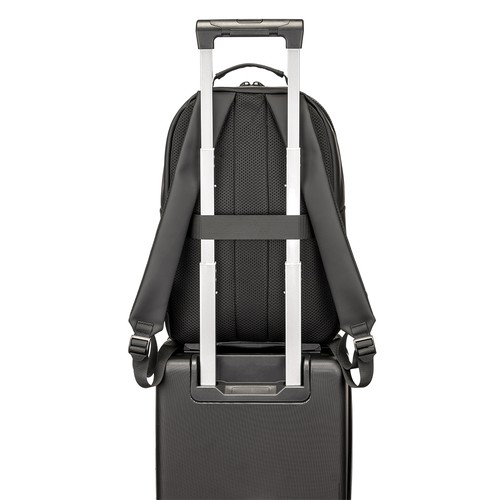 Eleganter Rucksack Classic PU bedrucken – Detailansicht Trolley-Befestigung in Schwarz