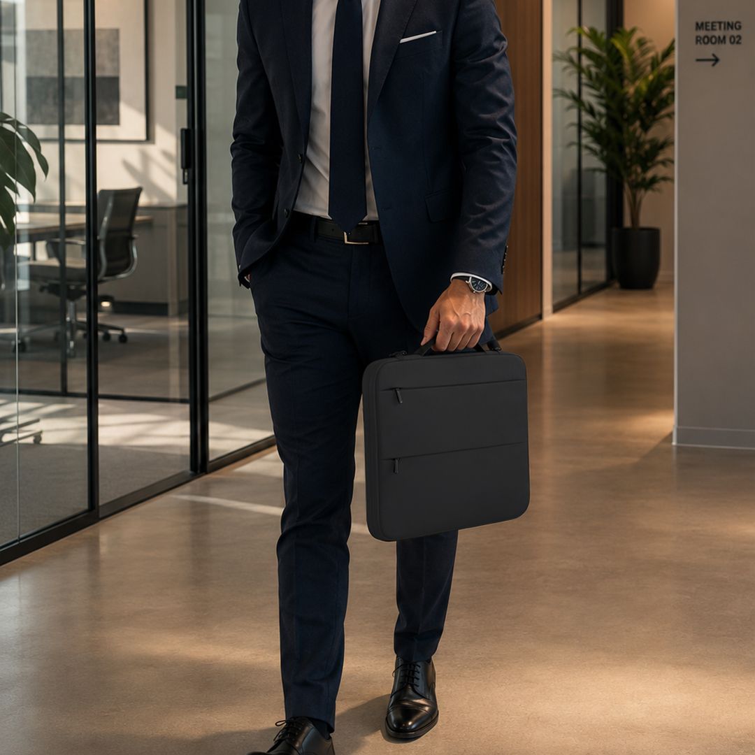 Laptoptasche Elara Oxford Gewebe bedrucken – weitere Lifestyle-Ansicht in Schwarz
