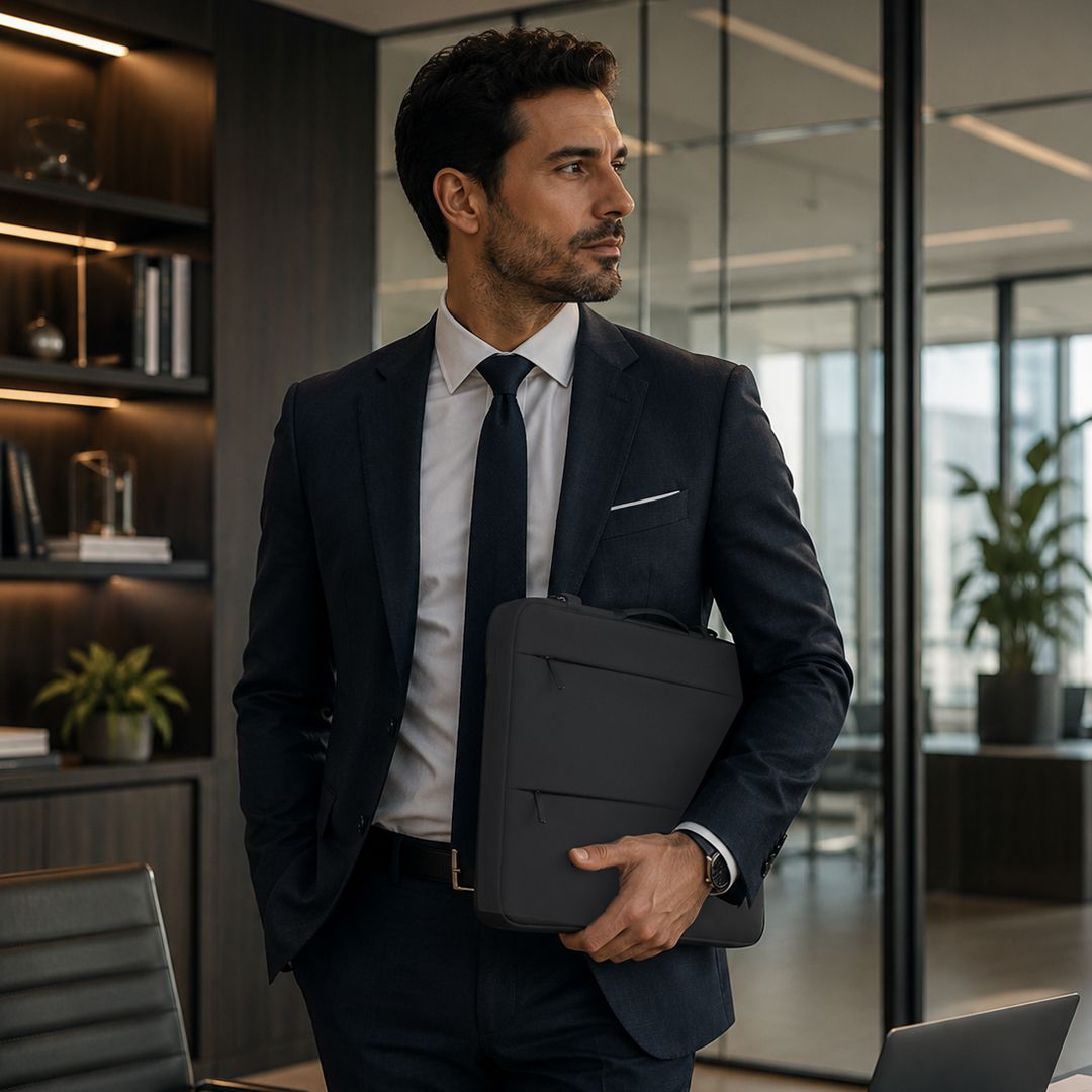 Laptoptasche Elara Oxford Gewebe bedrucken – Lifestyle-Ansicht getragen in Schwarz