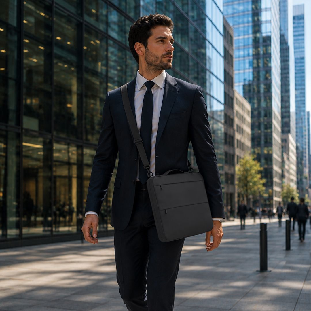 Laptoptasche Elara Oxford Gewebe bedrucken – Lifestyle-Ansicht über der Schulter hängend in Schwarz