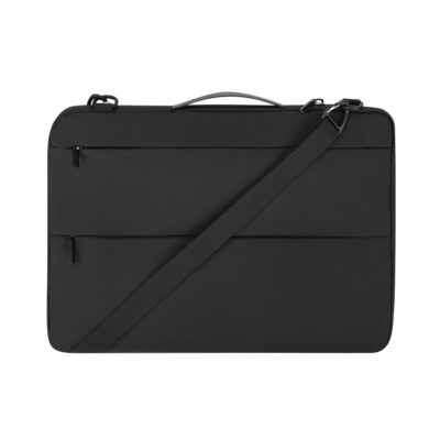 Laptoptasche Elara Oxford Gewebe bedrucken – Ansicht mit Schultergurt in Schwarz