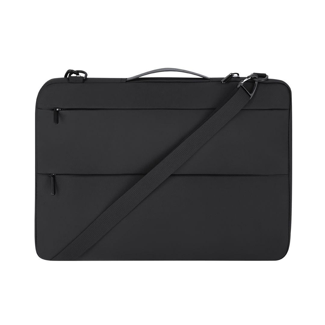 Laptoptasche Elara Oxford Gewebe bedrucken – Ansicht mit Schultergurt in Schwarz