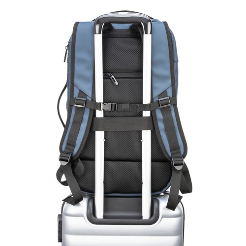 Reiserucksack Journey PU wasserbeständig bedrucken – Detailansicht Trolley-Halterung in Blau