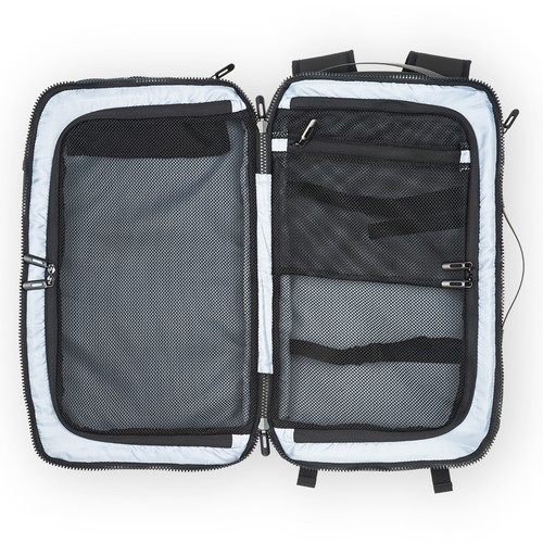 Reiserucksack Journey PU wasserbeständig bedrucken – geöffnete Ansicht mit Netztaschen in Schwarz