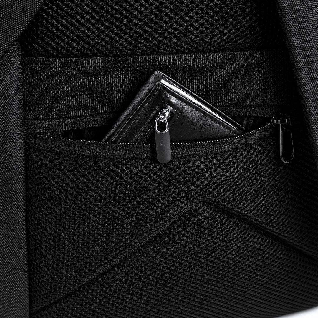 Rucksack Auren Oxford Gewebe bedrucken – Detailansicht diebstahlsichere Tasche in Schwarz