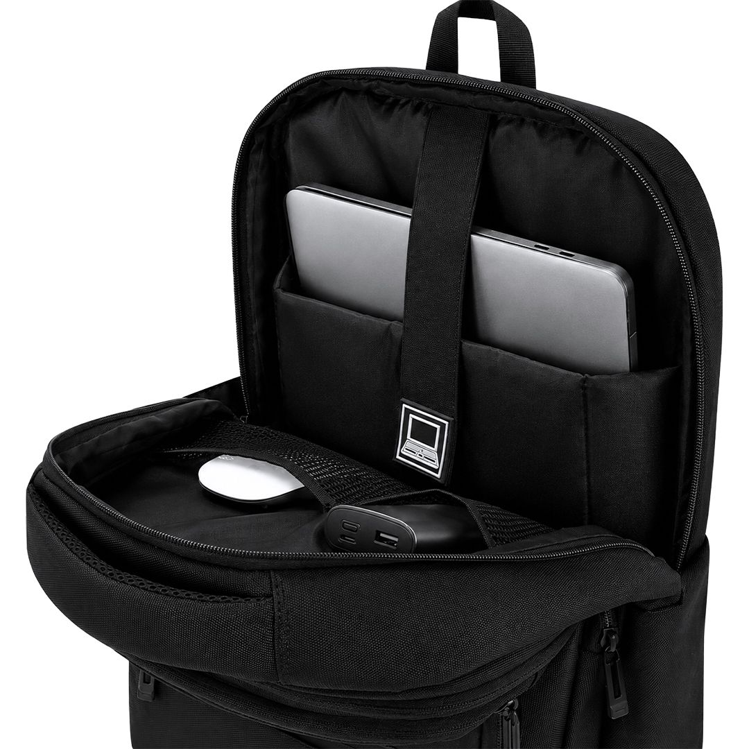 Rucksack Auren Oxford Gewebe bedrucken – Detailansicht Organizer-Fach in Schwarz