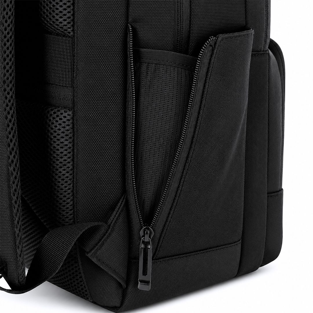 Rucksack Auren Oxford Gewebe bedrucken – Detailansicht Seitentasche in Schwarz