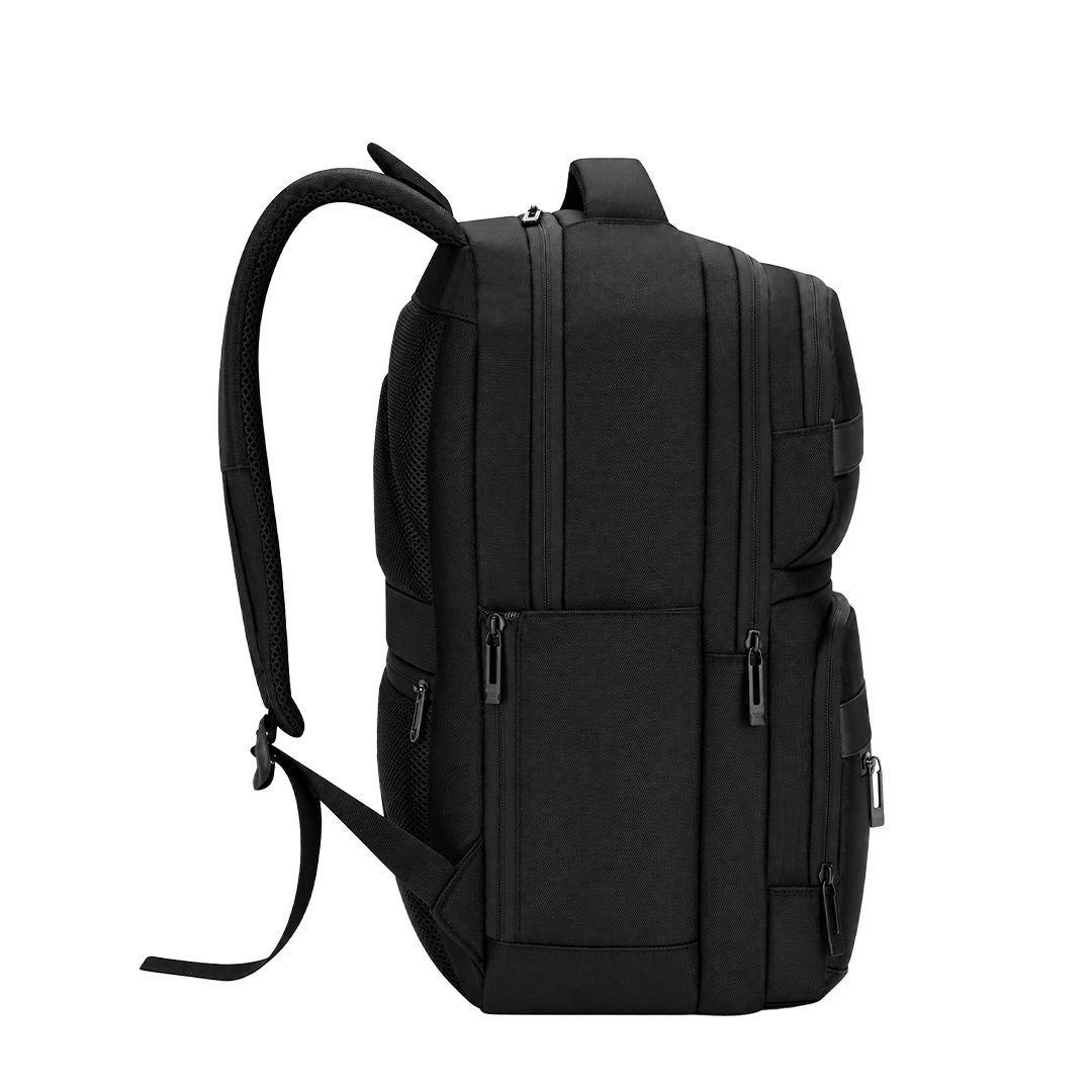 Rucksack Auren Oxford Gewebe bedrucken – Detailansicht Seitenprofil in Schwarz