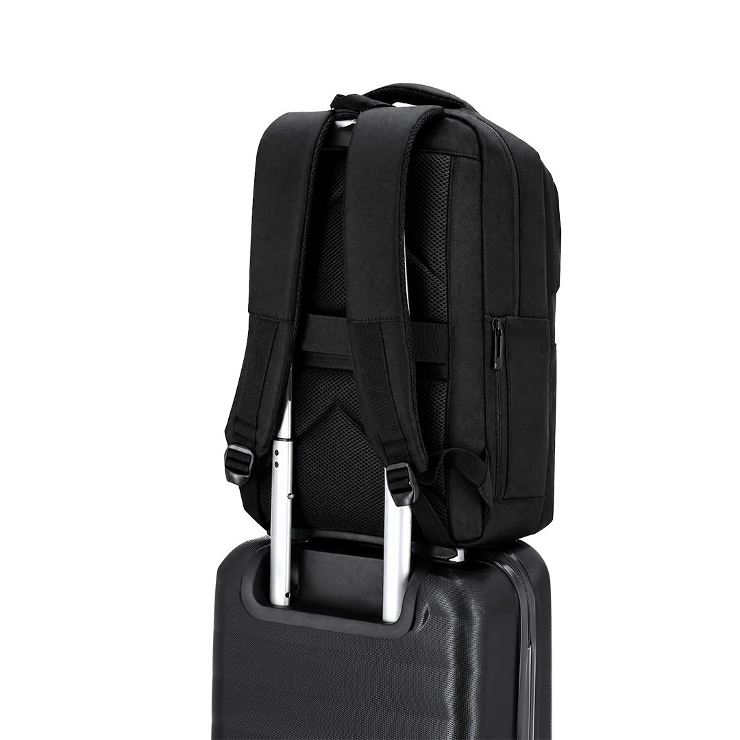 Rucksack Auren Oxford Gewebe bedrucken – Detailansicht Trolley-Halterung in Schwarz