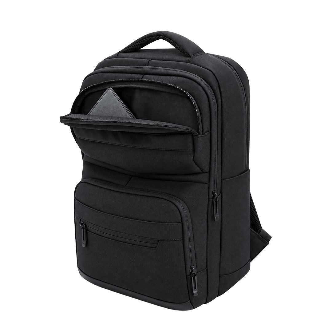 Rucksack Auren Oxford Gewebe bedrucken – Detailansicht obere Vordertasche in Schwarz