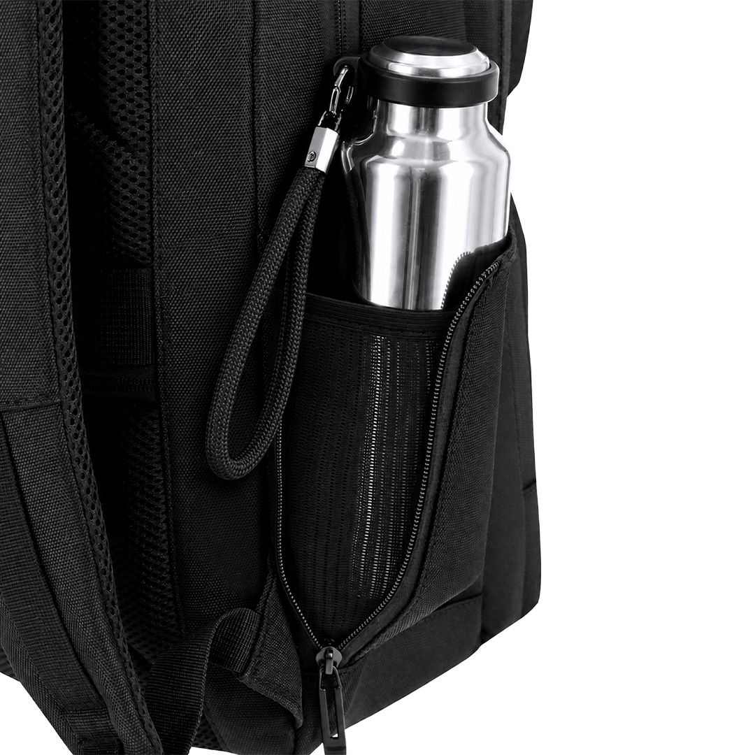 Rucksack Auren Oxford Gewebe bedrucken – Detailansicht Flaschentasche in Schwarz