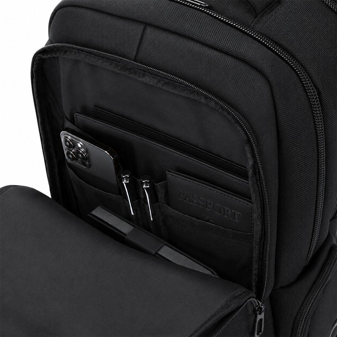 Rucksack Maren Oxford Gewebe bedrucken – Detailansicht Organizer-Fach in Schwarz