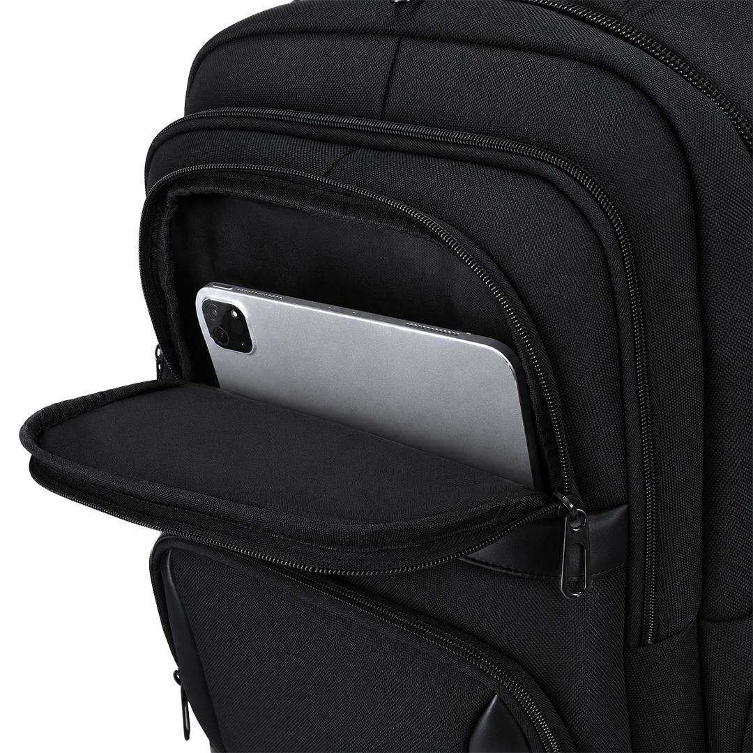 Rucksack Maren Oxford Gewebe bedrucken – Detailansicht Laptopfach in Schwarz