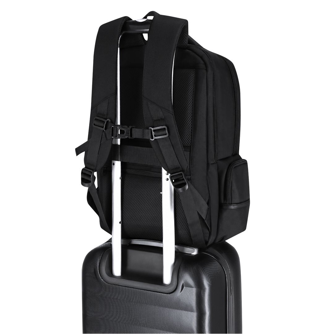 Rucksack Maren Oxford Gewebe bedrucken – Detailansicht Trolley-Halterung in Schwarz