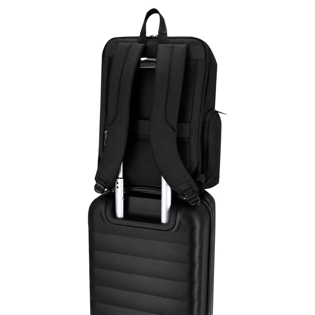 Rucksack Taren Oxford Gewebe bedrucken – Detailansicht Trolley-Halterung in Schwarz