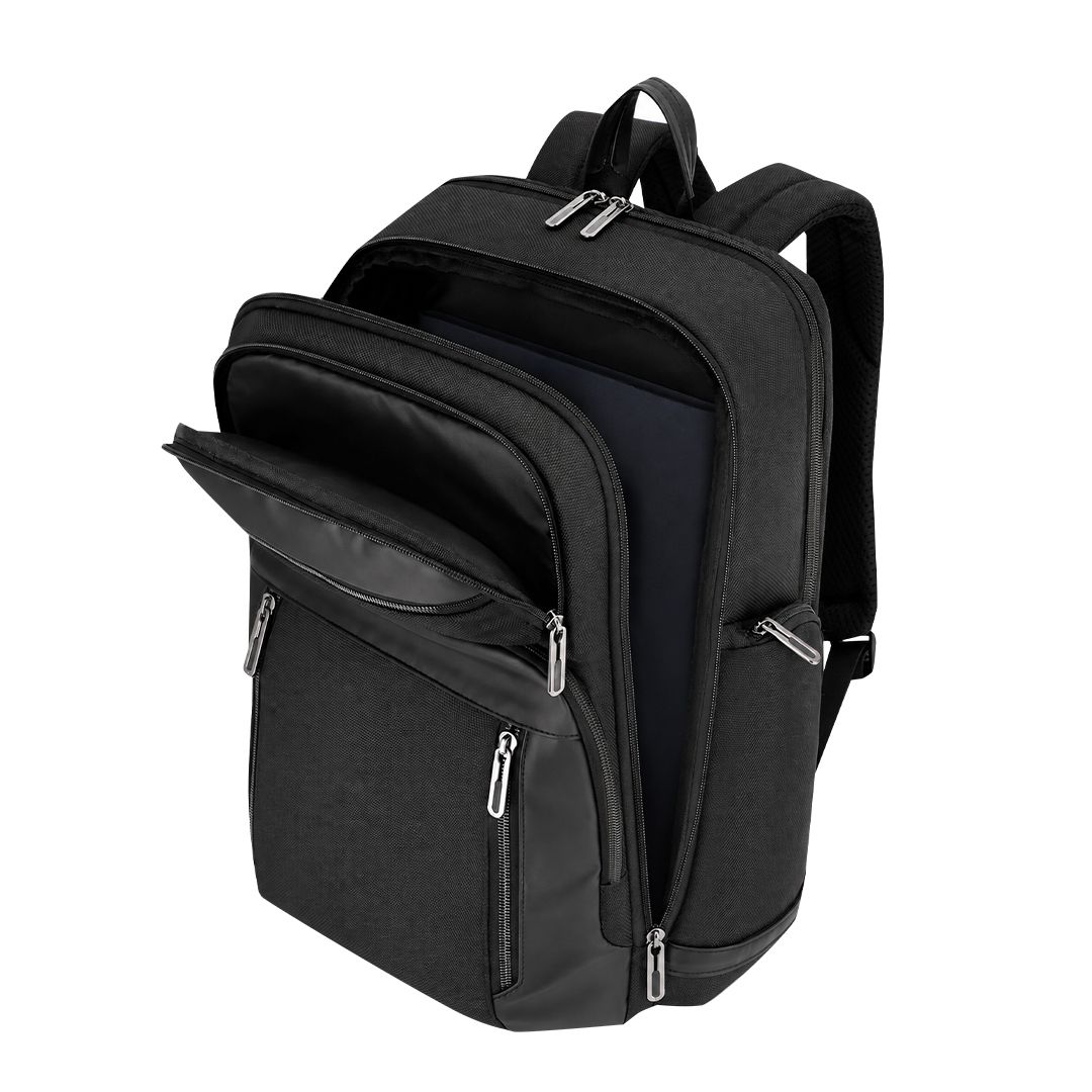 Rucksack Taren Oxford Gewebe bedrucken – Detailansicht vordere Laptoptasche in Schwarz