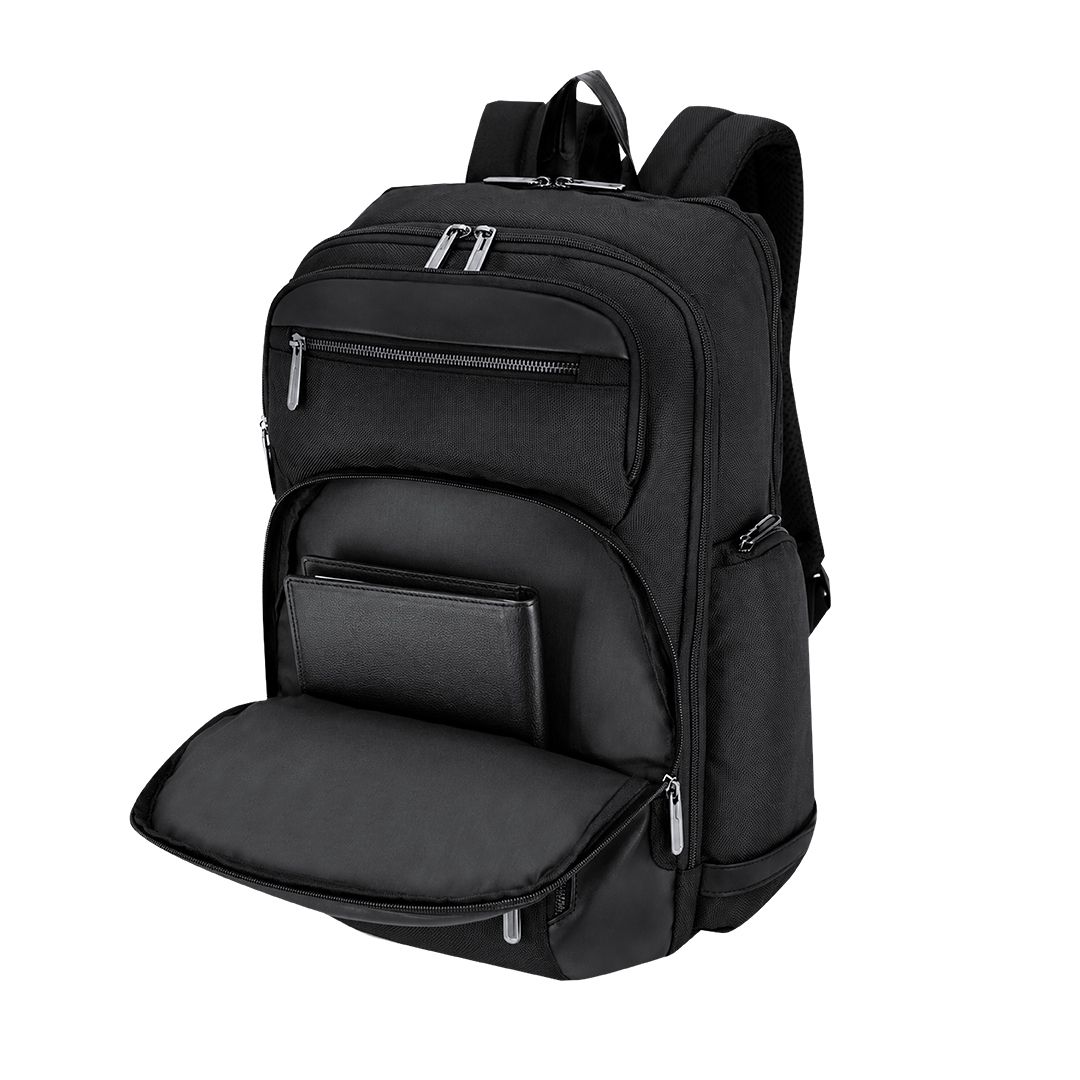 Rucksack Taren Oxford Gewebe bedrucken – Detailansicht Vordertasche in Schwarz