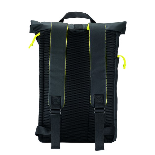 Laptoprucksack Lima bedrucken farbige Details – Rückansicht mit Details in Gelb