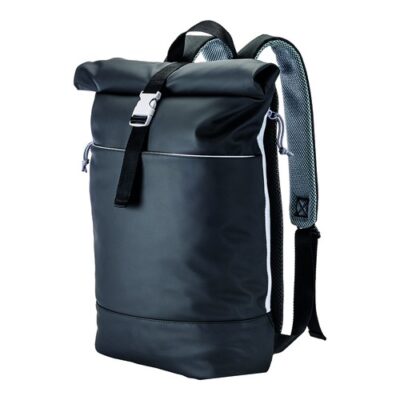Laptoprucksack Lima bedrucken farbige Details – Frontansicht mit Details in Silbergrau