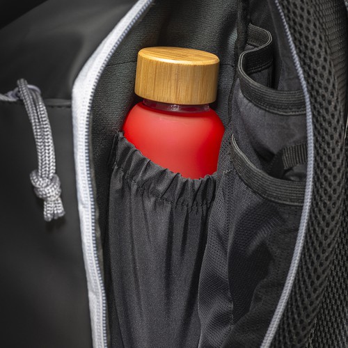 Laptoprucksack Lima bedrucken farbige Details – Detailansicht Innenfach für Wasserflaschen, Details in Silbergrau